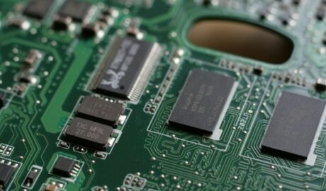 a close up of a circuit board with many chip pieces