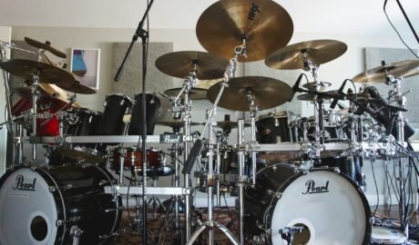 a drum set in a room