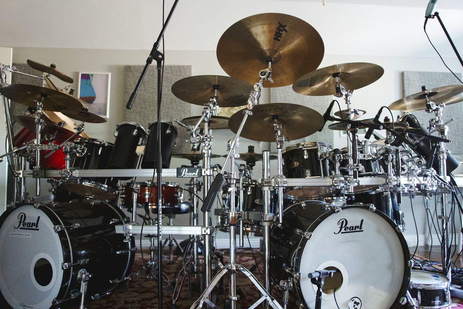 a drum set in a room