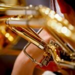 brass trumpet in close up photography