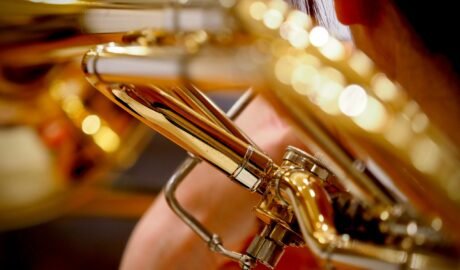 brass trumpet in close up photography