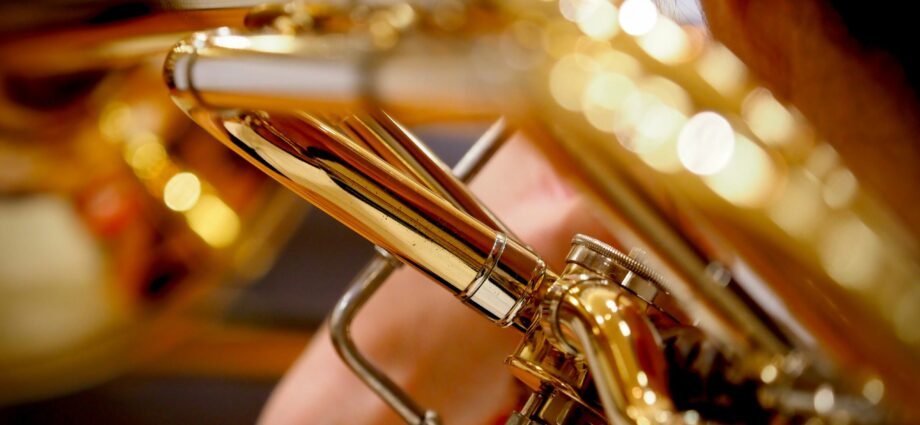 brass trumpet in close up photography