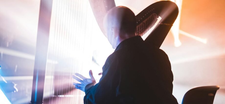 man sitting on chair playing harp